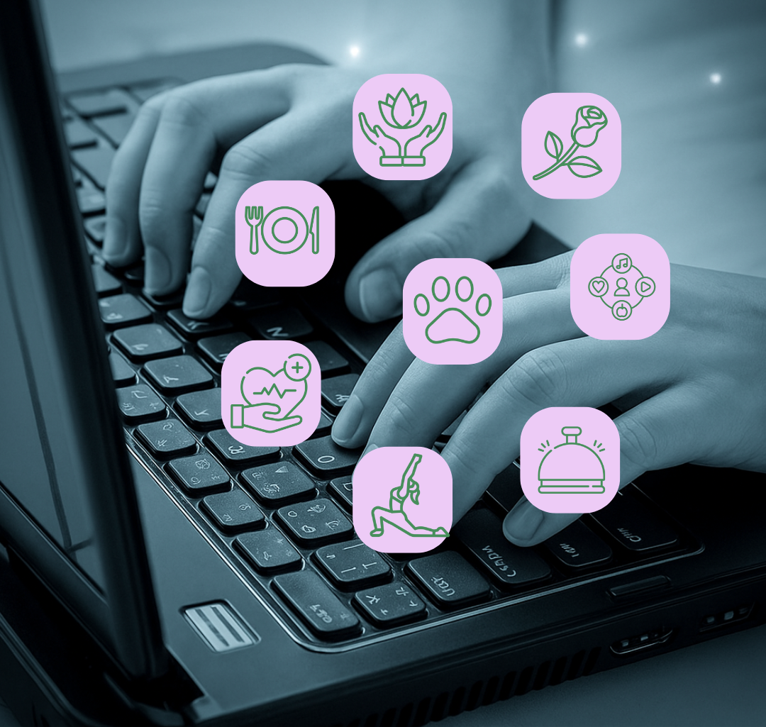 A user's hands are shown typing on a laptop keyboard. Surrounding the laptop are various icons representing different categories, including food, wellness, and pets, with dollar signs floating between them. The image captures how DealMagik connects users to a wide range of local deals online.
