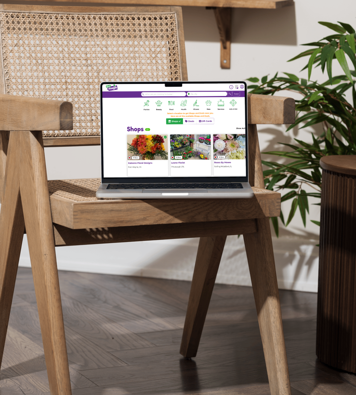 Laptop displaying online DealMagik flower shop with deals on wooden chair in modern home interior with rattan accents and indoor plants.