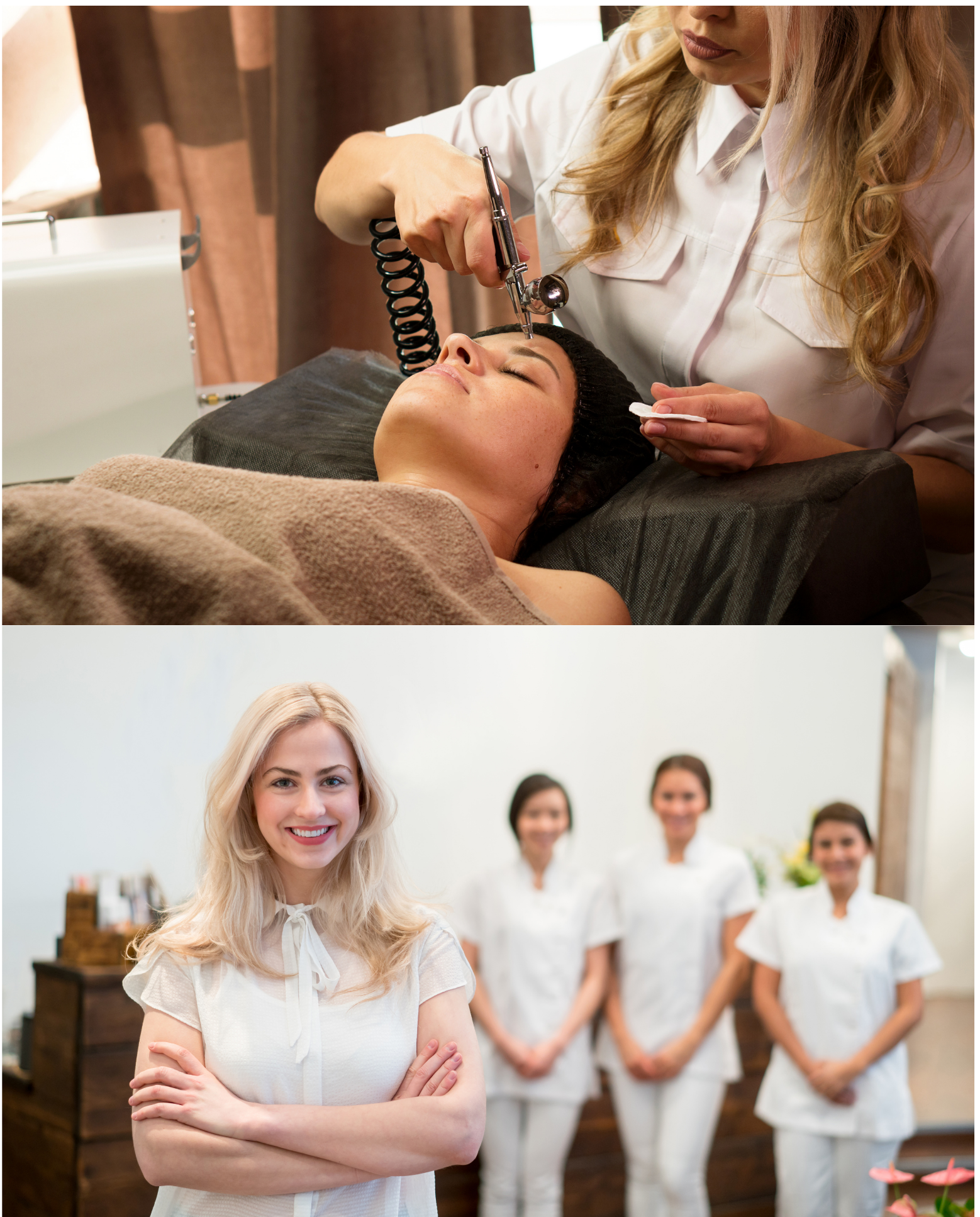 Beauty professional performing a facial, followed by a confident spa team—symbolizing growth and streamlined bookings with DealMagik.