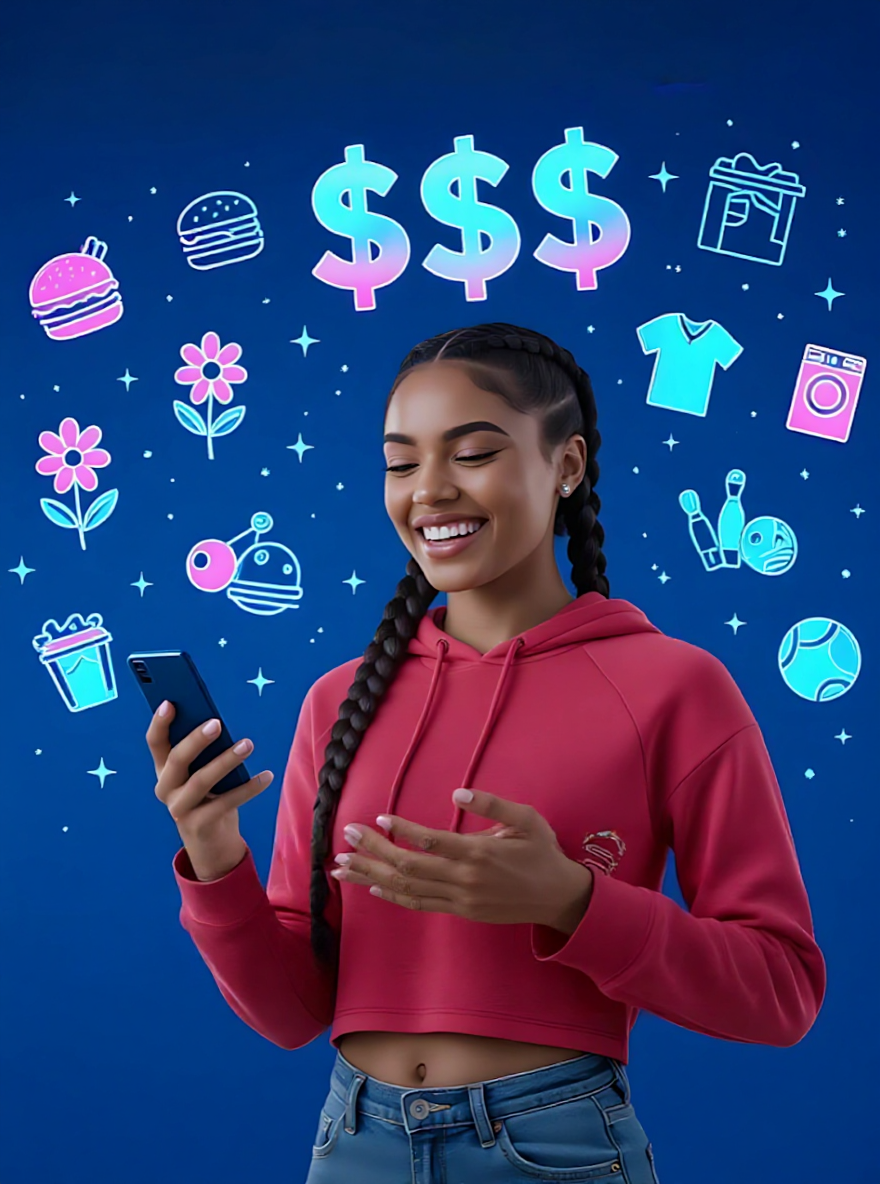 Colorful DealMagik promotional graphic featuring a smiling student using a smartphone, surrounded by icons of food, laundry, beauty, and more, encouraging campus businesses to connect with student buyers.