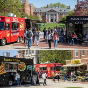 Busy campus scene with food trucks offering tacos and Asian fusion, plus a flower shop, attracting students and showcasing opportunities for DealMagik’s diverse service promotions.