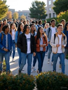Vibrant group of college students walking on campus, enjoying a sunny day with campus buildings and trees in the background, ideal for promoting DealMagik services to the student market.