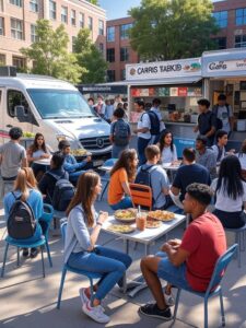 College students enjoying meals from food trucks on campus, showcasing a lively dining scene with tacos and drinks, perfect for highlighting DealMagik’s food and dining deals.