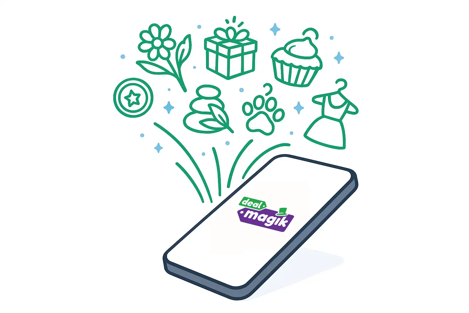 Graphic of the DealMagik shopping app with icons for gifts, flowers, spa services, pet care, desserts, and clothing rising from a phone, highlighting the variety of local businesses available.