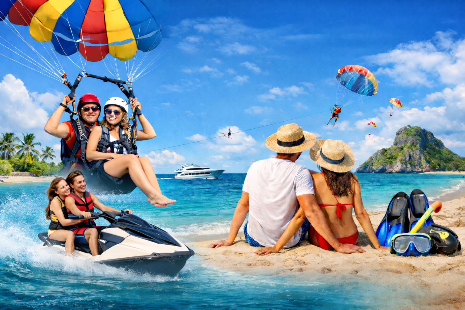 DealMagik Valentine’s beach adventure featuring jet skiing, parasailing, and romantic seaside moments.