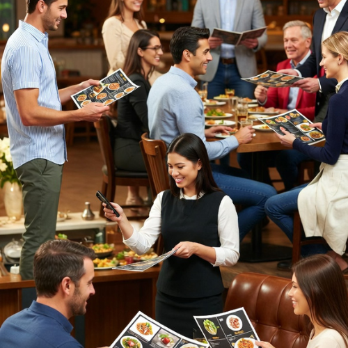 Diverse group of people dining and ordering at a busy modern restaurant.