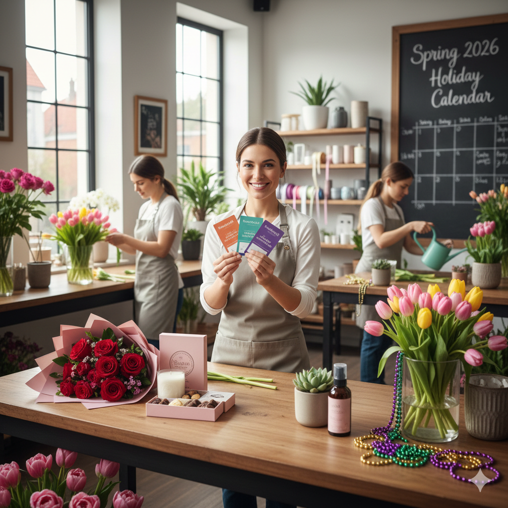 A vibrant and elegant spring floral arrangement in a sunlit flower shop, featuring a mix of pastel-colored blooms, fresh greenery, and seasonal flowers perfect for a holiday gift display.