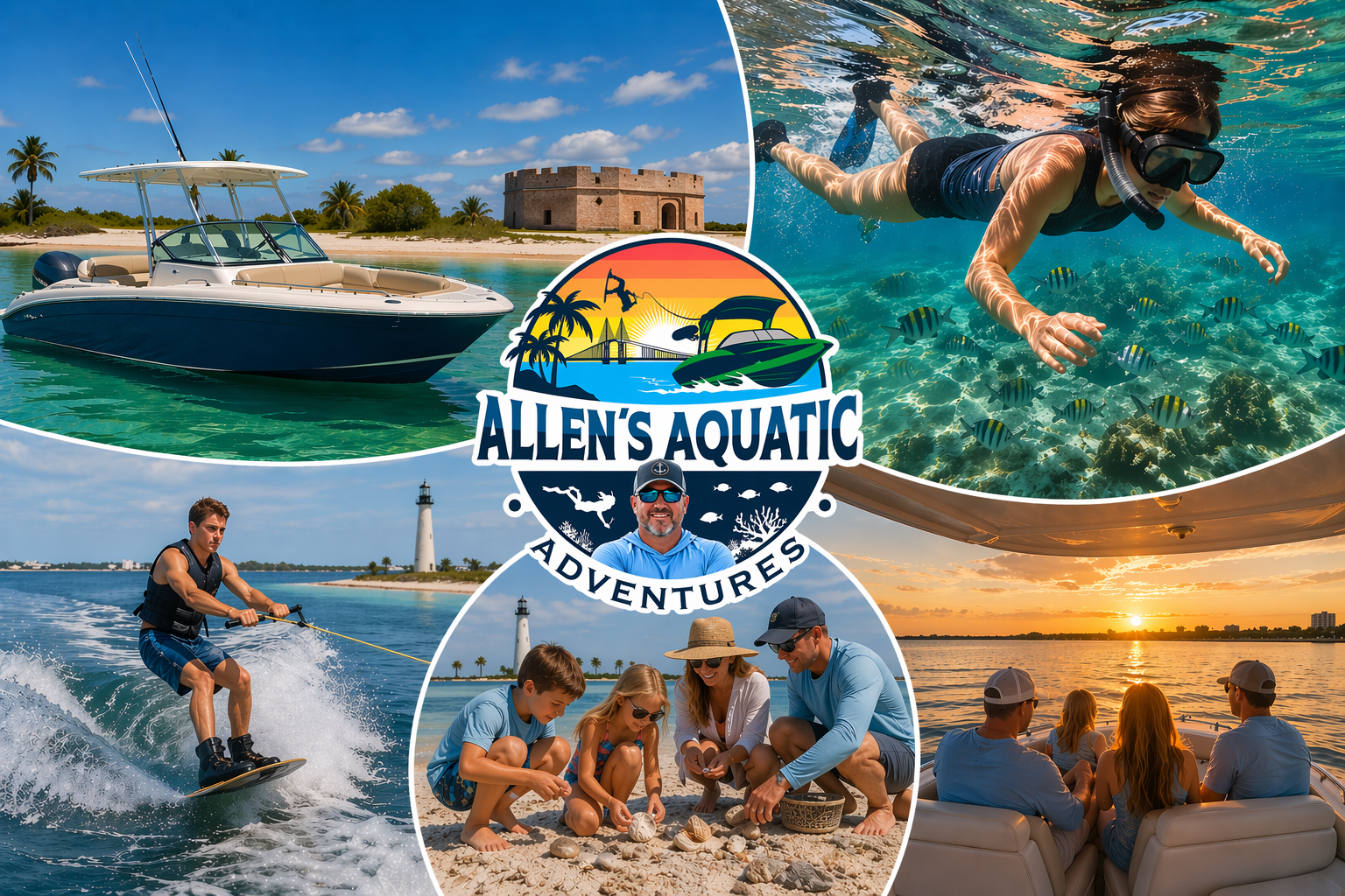 Collage of a private boat charter adventure featuring snorkeling, dolphin watching, wakeboarding, shell collecting, and a sunset cruise on clear Gulf Coast waters.