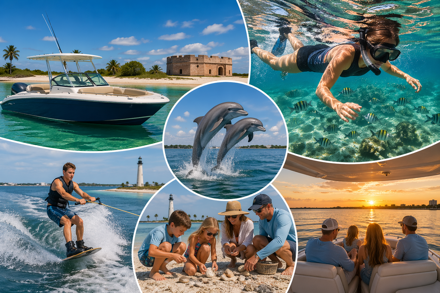 Collage of a private boat charter adventure featuring snorkeling, dolphin watching, wakeboarding, shell collecting, and a sunset cruise on clear Gulf Coast waters.