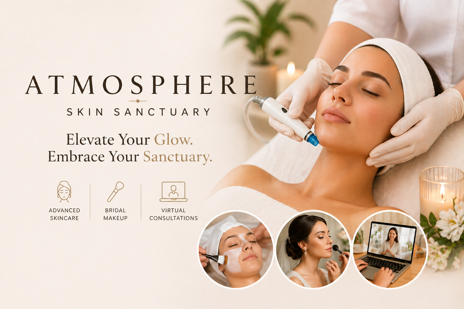 Atmosphere Skin Sanctuary spa banner featuring luxury facial treatment, bridal beauty services, and serene wellness aesthetics.