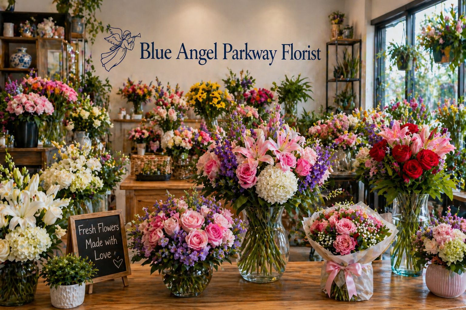 Bright floral shop interior featuring colorful fresh bouquets and Blue Angel Parkway Florist branding.