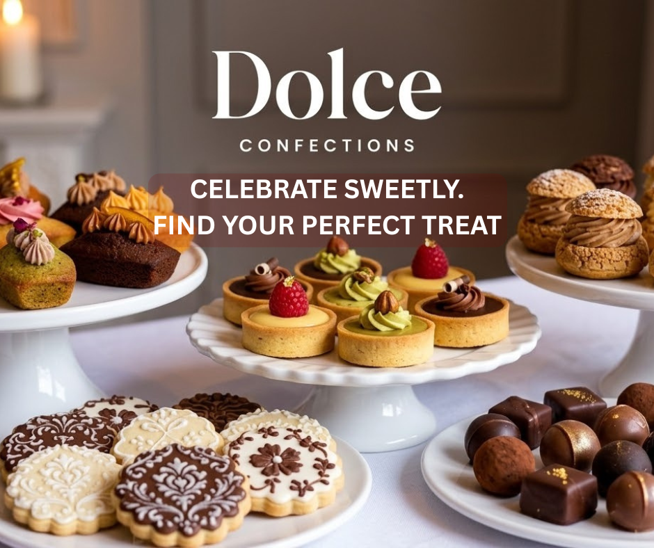 Dolce Confections dessert display featuring gourmet pastries, tarts, cookies, chocolates, and elegant sweet treats on tiered stands.