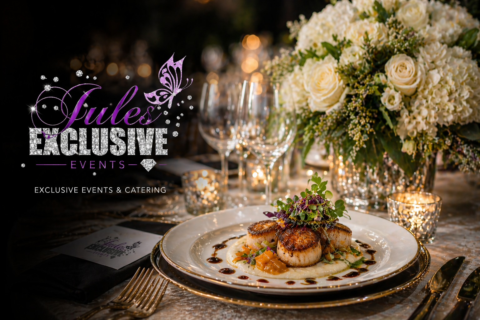 Luxury catered event setup featuring Jules Exclusive Events logo, gourmet plated cuisine, candlelit décor, and elegant floral arrangements.