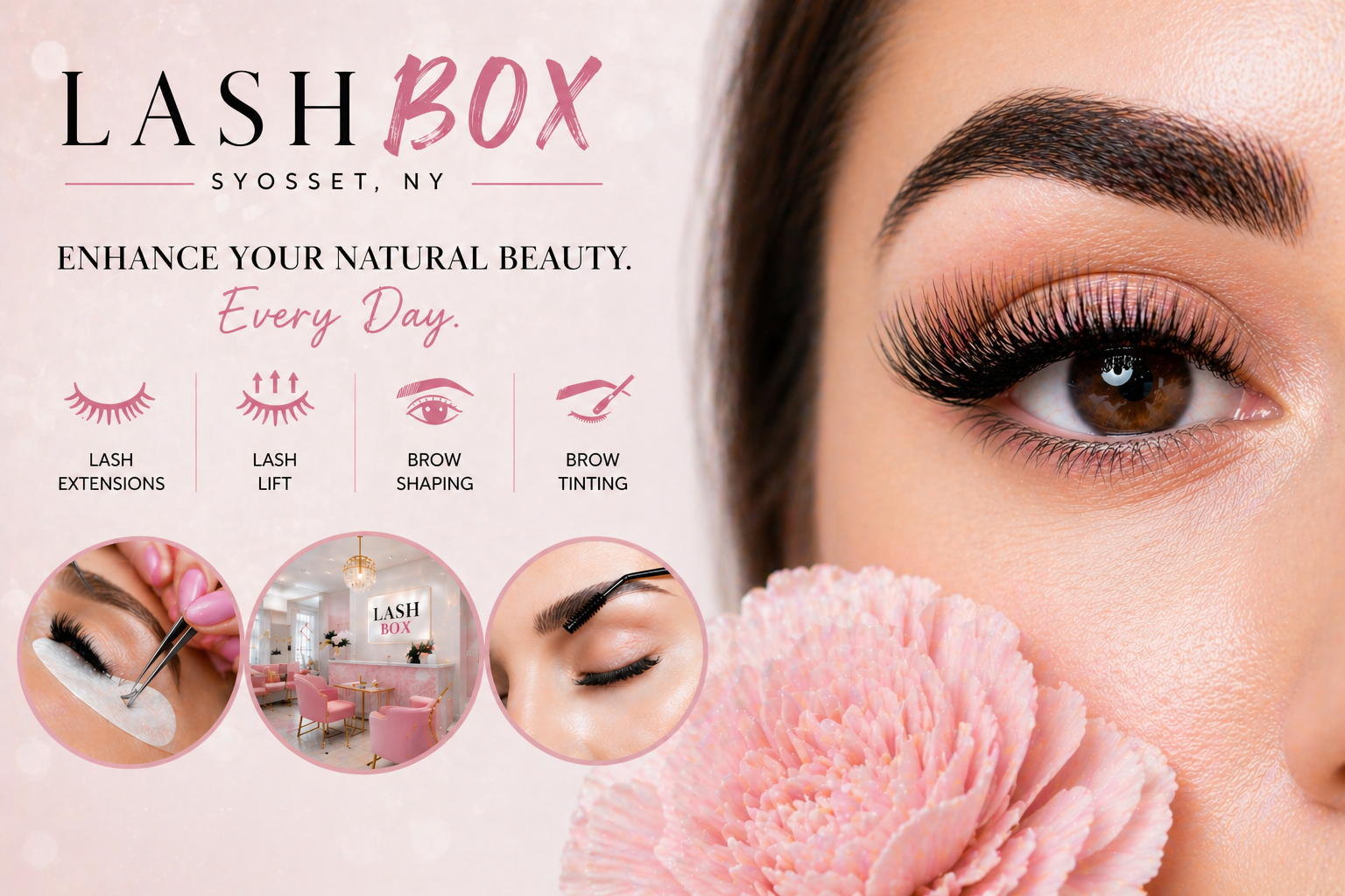 Elegant Lash Box beauty banner featuring premium lash and brow services with close-up eye detail and soft pink salon aesthetics.
