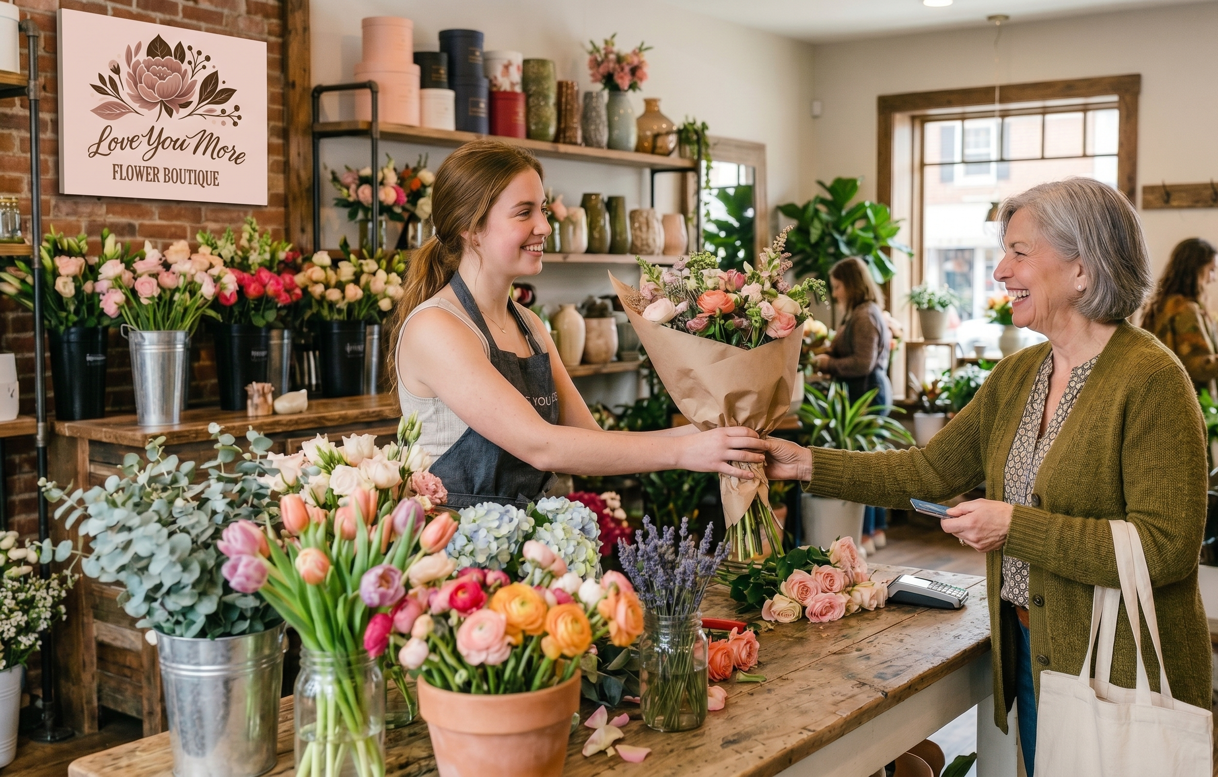 A smiling florist in a busy flower boutique hands a paper-wrapped bouquet of colorful flowers to a happy elderly customer who is holding a credit card over the wooden counter.