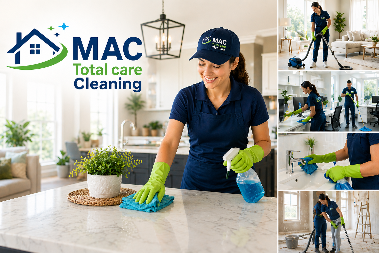 MAC Total Care Cleaning banner featuring professional home, office, and deep cleaning services in a bright modern setting.