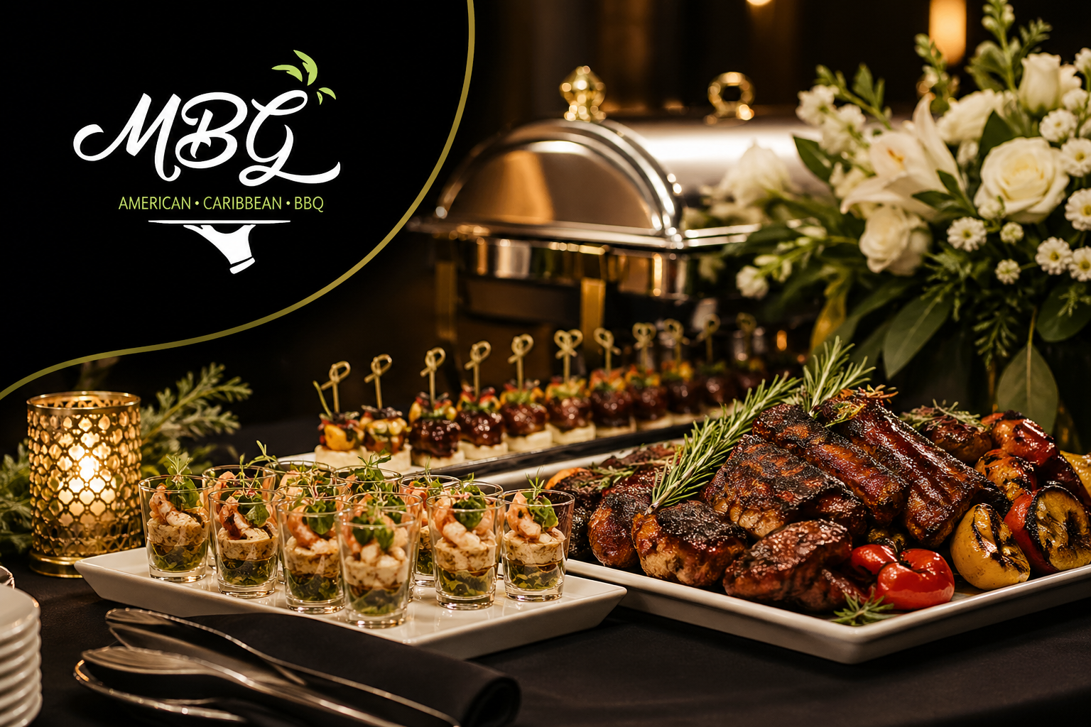 MBG Catering buffet display featuring gourmet appetizers, grilled meats, elegant floral décor, and branded logo in a luxury event setting.