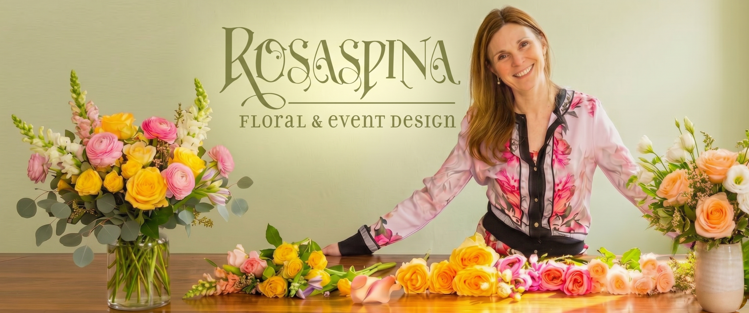 A smiling floral designer stands behind a wooden table adorned with vibrant seasonal bouquets and the "Rosaspina Floral & Event Design" logo in a bright boutique