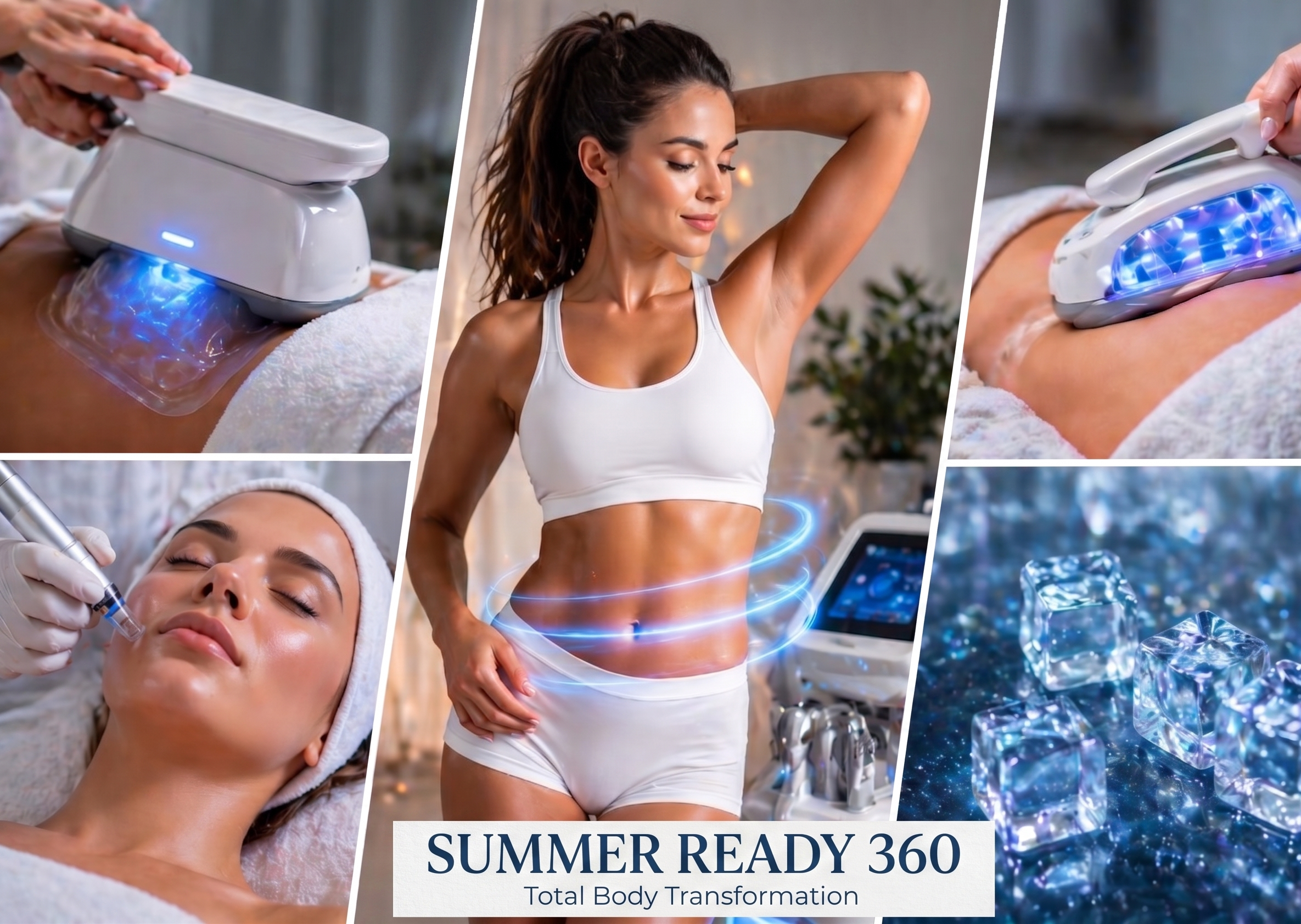 A photo collage displaying a woman and non-invasive cosmetic treatments, with a text box at the bottom that reads: "SUMMER READY 360 Total Body Transformation."