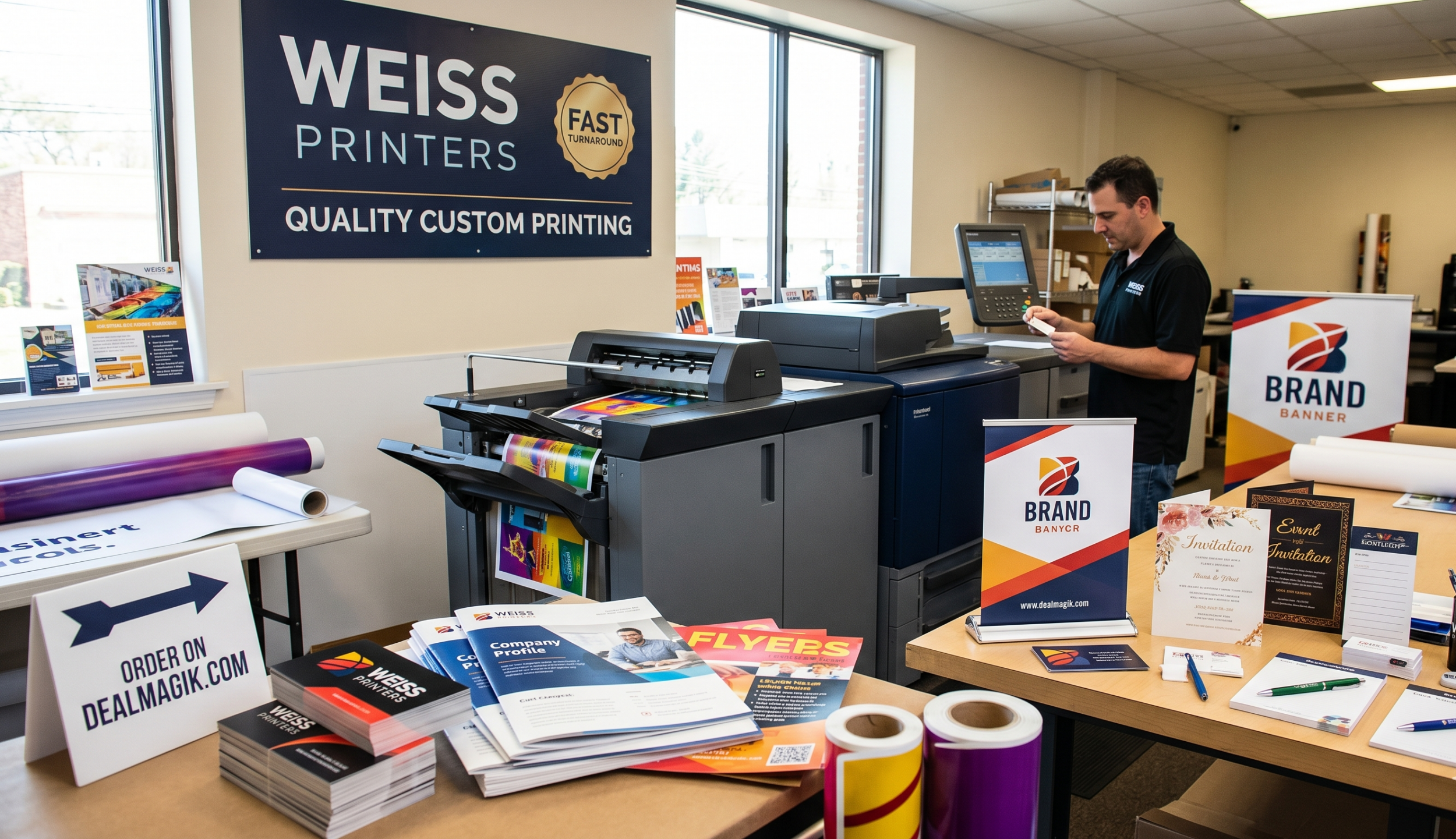 A professional print shop technician inspects high-quality custom business cards next to a large digital printing press surrounded by vibrant marketing brochures, banners, and event invitations.