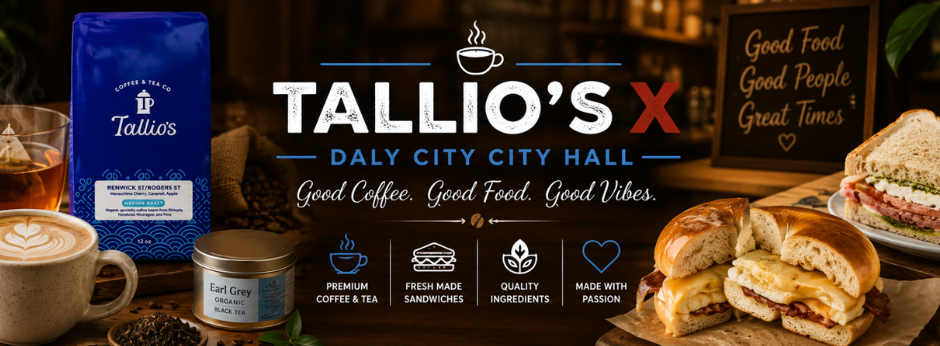 Promotional banner for Tallio's X featuring premium coffee and café food. The image showcases a bag of Tallio's coffee beans, a cup of latte art, Earl Grey tea, breakfast bagel sandwiches, a deli sandwich, and the tagline, "Good Coffee. Good Food. Good Vibes." Icons highlight premium coffee & tea, fresh-made sandwiches, quality ingredients, and food made with passion.