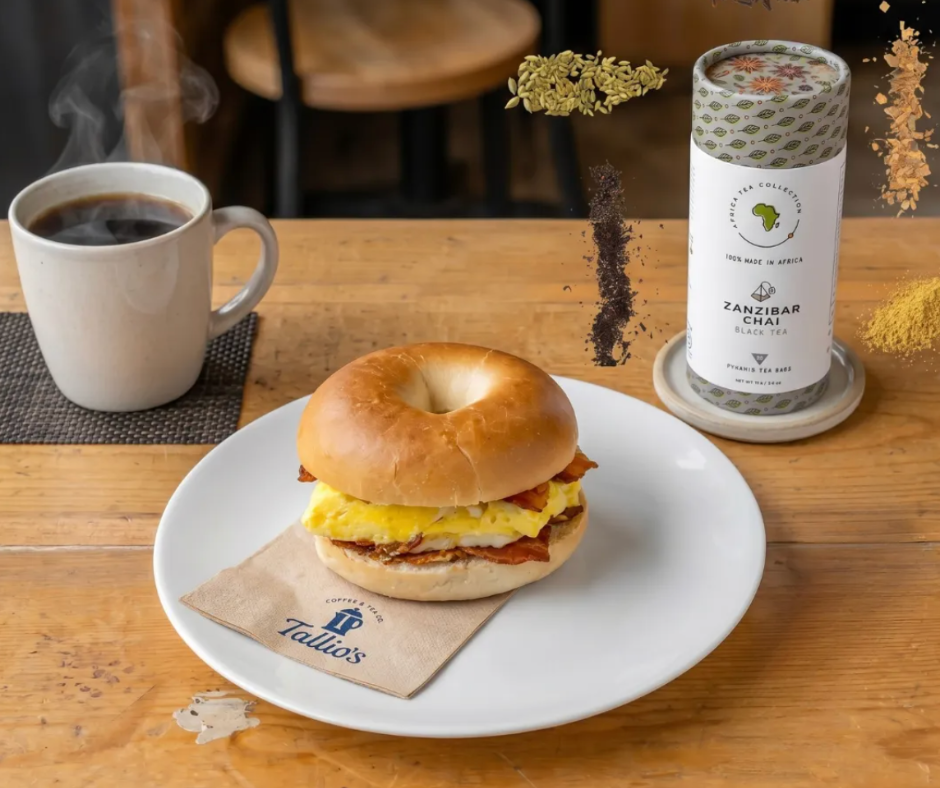 Tallio's Donut burger with black coffee, for breakfast
