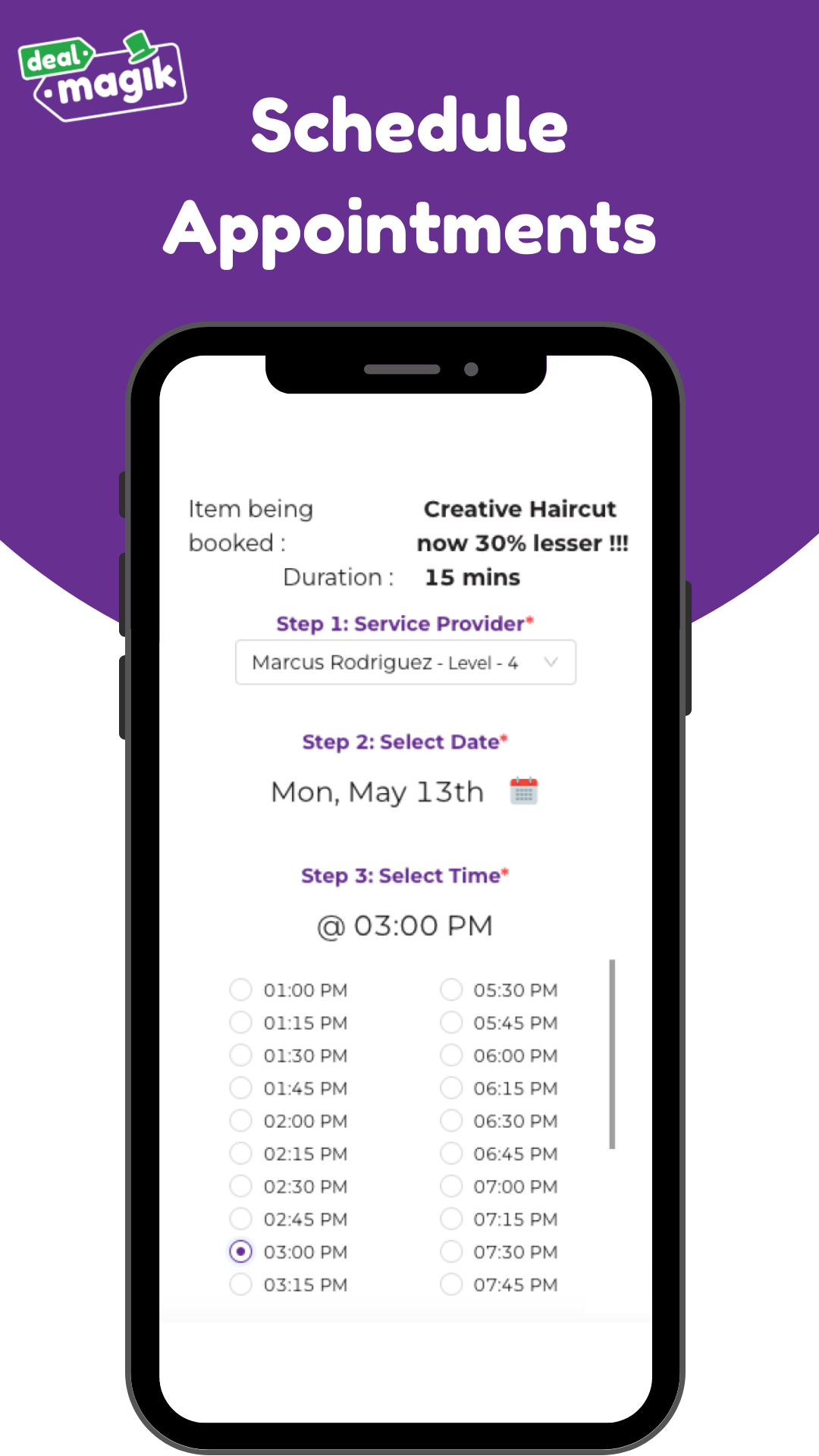 DealMagik booking screen displaying options to schedule appointments by selecting a service provider, date, and time.