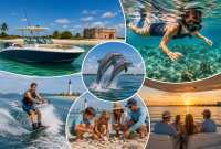 Collage of a private boat charter adventure featuring snorkeling, dolphin watching, wakeboarding, shell collecting, and a sunset cruise on clear Gulf Coast waters.