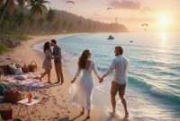 Romantic couples on tropical beach at sunset with picnic, parasailing, and ocean adventures